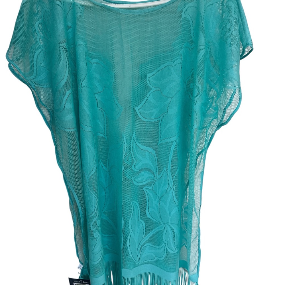 Kendall & James Teal Swim Coverup with Flowing Floral Silhouette Wide Sleeves